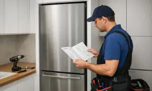 Instrukcja obsługi lodówki pomoże Ci dowiedzieć się, jak przełożyć drzwi w lodówce. Obok stoi wiertarka.
