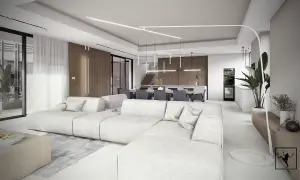 Nowoczesny salon z jadalnią, jasne meble, drewniane akcenty, designerskie oświetlenie.