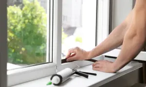 Ręka układa uszczelkę na ramie okna, obok pistolet do silikonu. Dowiedz się, jak rozszczelnić okno plastikowe.