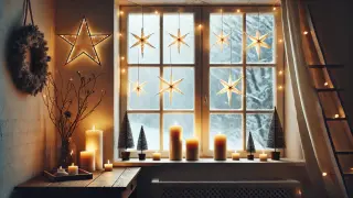 Gwiazdy świetlne wiszące na oknie, tworzące magiczny klimat. Dowiedz się, jak zamontować kurtynę świetlną na oknie, by uzyskać podobny efekt.