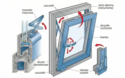 Ilustracja pokazuje mechanizm okna uchylnego. Zobacz, jak działa klamka i rozwórka nożycowa, by otworzyć okno uchylne.