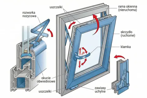 Ilustracja pokazuje mechanizm okna uchylnego. Zobacz, jak działa klamka i rozwórka nożycowa, by otworzyć okno uchylne.
