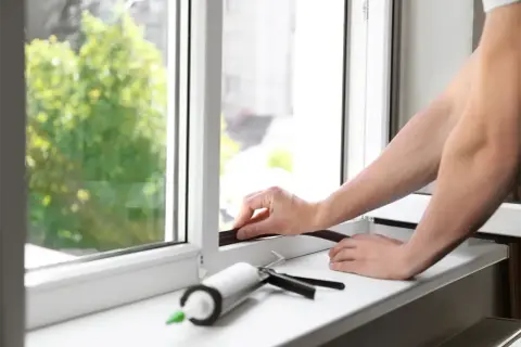 Ręka układa uszczelkę na ramie okna, obok pistolet do silikonu. Dowiedz się, jak rozszczelnić okno plastikowe.