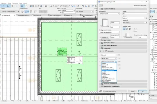 Panel z ustawieniami programu ArchiCAD pokazuje, jak liczyć skosy do powierzchni. Widoczne są opcje dotyczące pomiarów i obliczeń powierzchni.