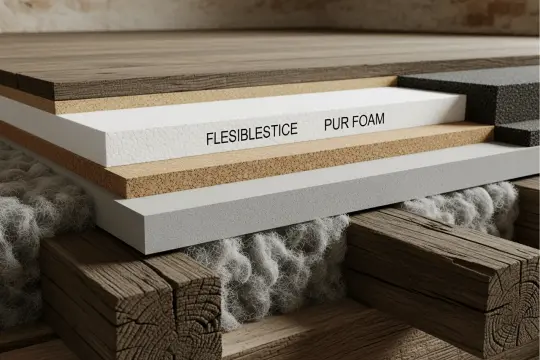 Warstwy izolacji akustycznej: wełna, płyta PUR, korek i materiał Flesiblestice. Tak wyciszyć drewniany strop.