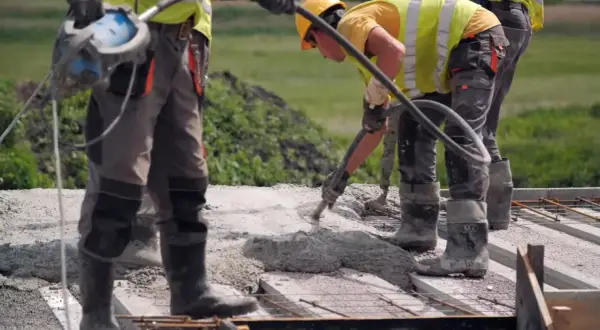 Budowlańcy w kamizelkach i kaskach wylewają beton na strop. Prawidłowe wykonanie to klucz do tego, jak dbać o świeży strop.