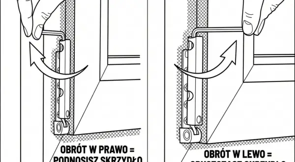 Instrukcja jak wyregulować okno, by nie wiało: obrót kluczem w prawo podnosi skrzydło, w lewo opuszcza.