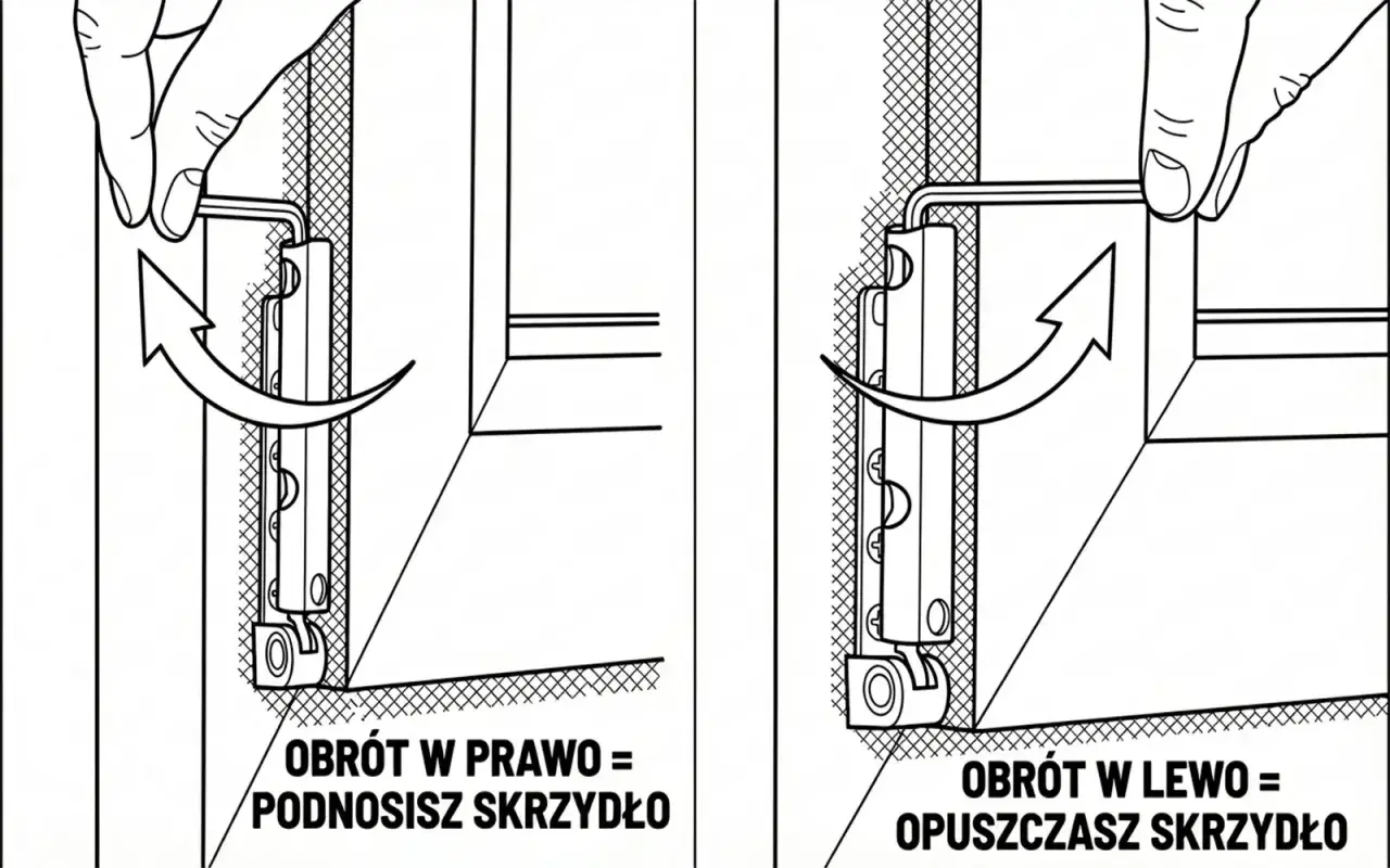 Instrukcja jak wyregulować okno, by nie wiało: obrót kluczem w prawo podnosi skrzydło, w lewo opuszcza.
