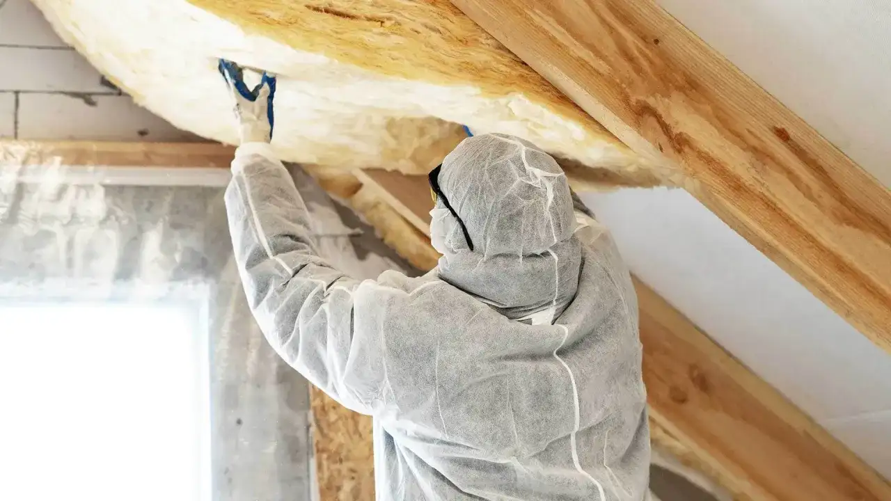 Pracownik w kombinezonie izoluje poddasze wełną mineralną. Dowiedz się, ile kosztuje układanie wełny na poddaszu, by oszczędzać energię.