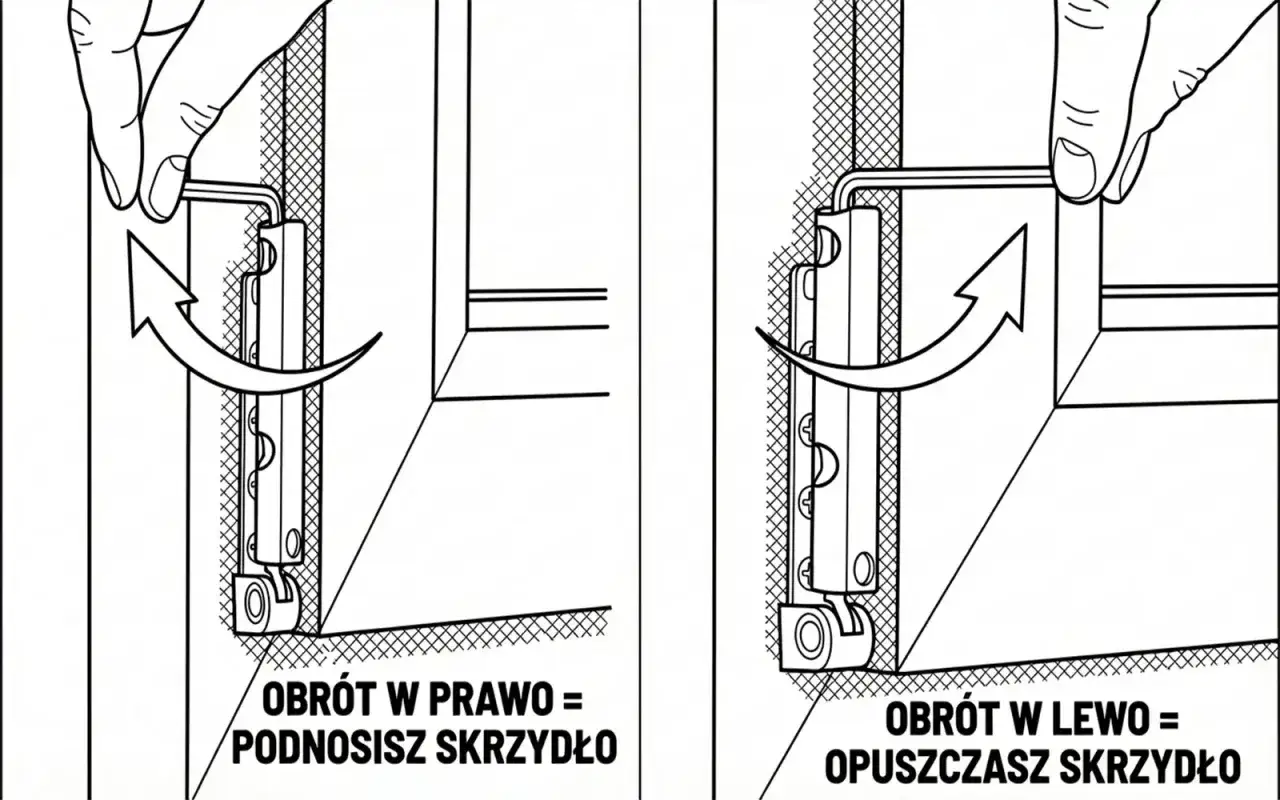 Instrukcja jak wyregulować okno, by nie wiało: obrót kluczem w prawo podnosi skrzydło, w lewo opuszcza.