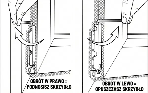 Instrukcja jak wyregulować okno, by nie wiało: obrót kluczem w prawo podnosi skrzydło, w lewo opuszcza.